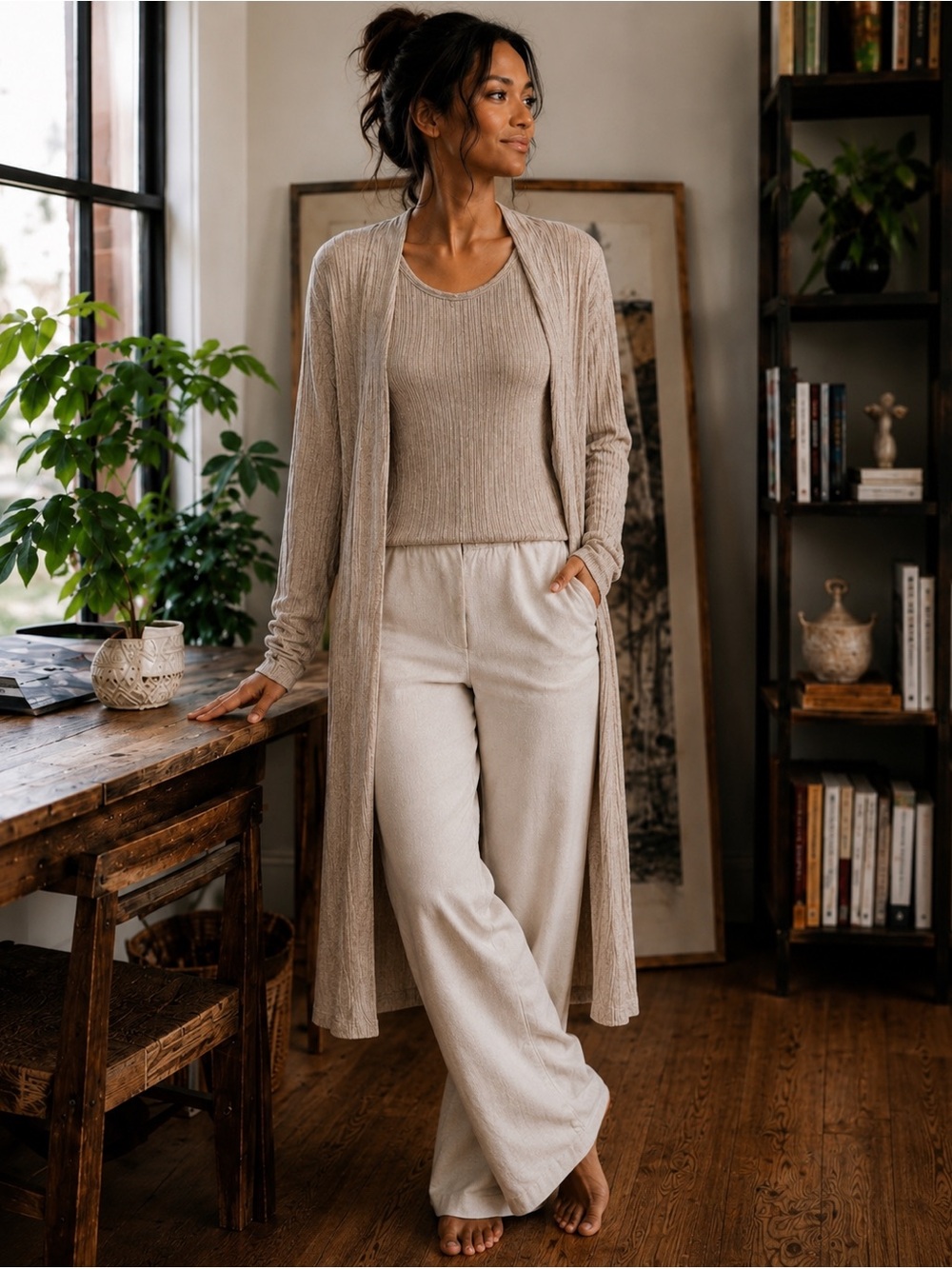 Melanie Lyne 2-Piece Beige Ribbed Tank & Long Sleeve Duster Cardigan Set